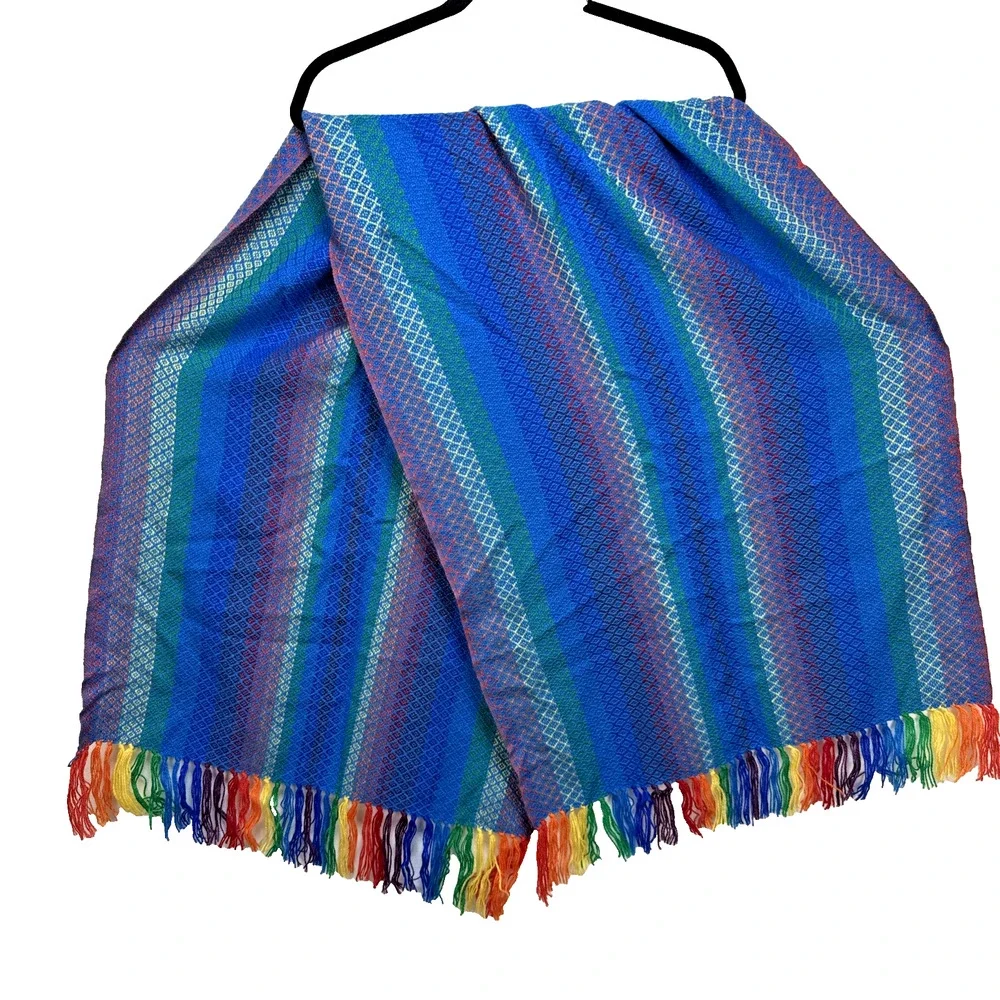 Artesanias Oscar Alpaca‎ Blue Rainbow Stripe Wrap Scarf Hand Woven Made in Peru